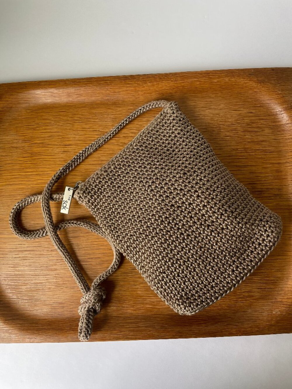 Vintage 90s Brown Crochet Knit Shoulder Bag Boho Festival Purse The Sak